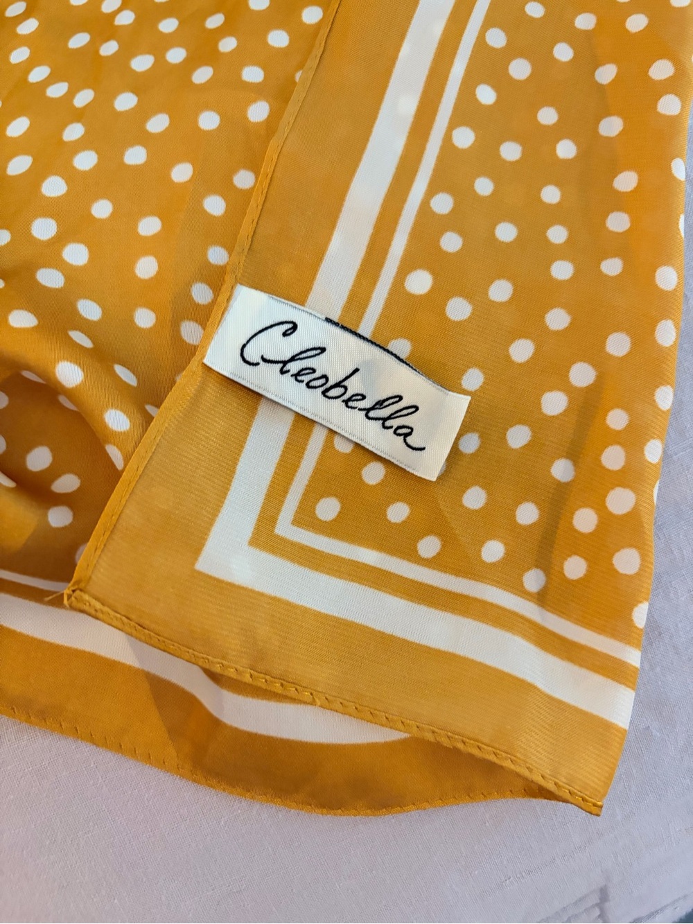 Cleobella Mustard Yellow and White Polka Dot Poly Scarf 32x33 - Picture 4 of 4